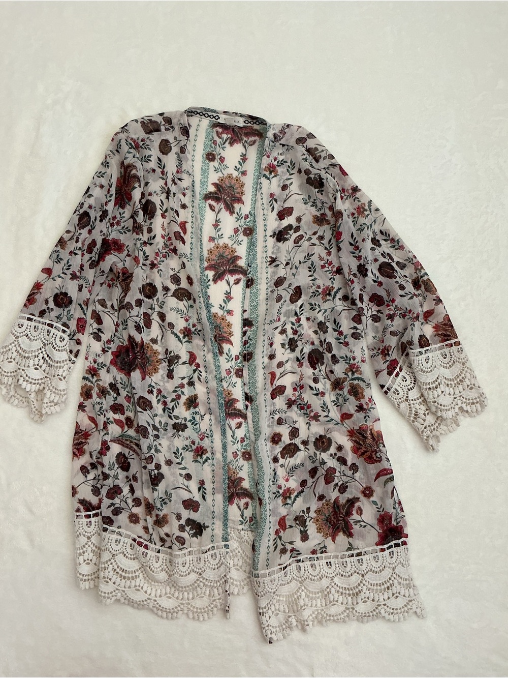 Mason & Belle Floral Lace Trim Kimono Cardigan Duster Medium